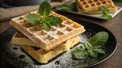 Golden Waffle Stack Dusted with Powdered Sugar and Mint Garnishing on Dark Plate in Elegant Arrangement