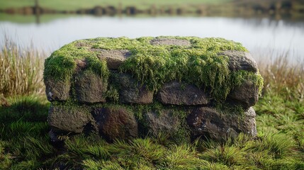Moss-covered stone wall by a lake