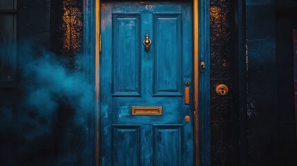Mysterious blue door, smoky ambiance