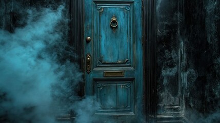 Mysterious teal door, smoky atmosphere
