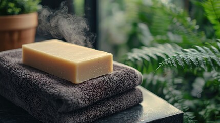 Natural soap on dark towels, steaming