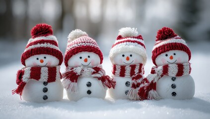 Four snowmen in winter scene