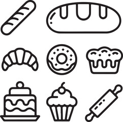 Bakery and Bread Outline Icon Set – Baguette, Loaf, Croissant, Donut, Cake, Cupcake, and Rolling Pin in Minimal Line Art