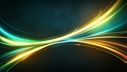 Abstract glowing lines in bold colors moving through a shadowy space