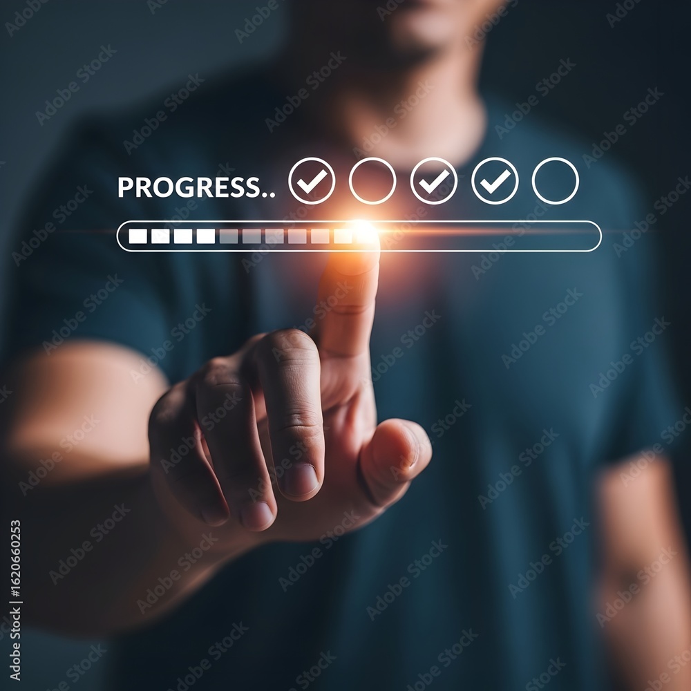 Poster man s finger interacting with a digital progress bar and checkmarks indicating completion