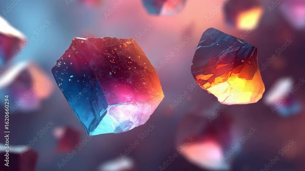 Poster colorful transparent crystal cubes rotating in abstract digital loop with glowing lighting