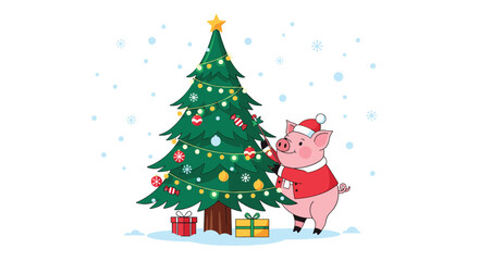 Cute Pig Decorating Christmas Tree with Presents in Snowy Weather