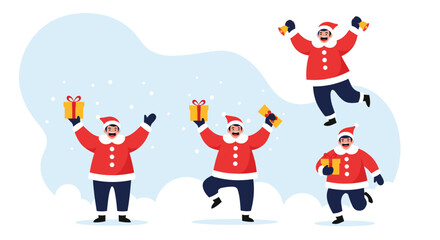 Cheerful Santas Celebrating Christmas With Gifts Under Snowy Sky