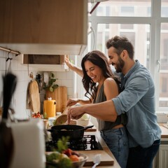 A couple cooks dinner together in a small apartment kitchen, laughing and bumping into each other. It’s tightly framed and naturally lit, full of warmth.