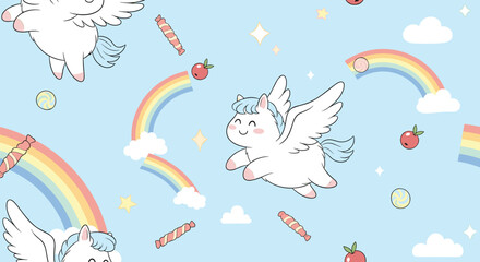Whimsical Flying Unicorns Rainbows and Sweet Treats Adorable Cartoon Animals on a Pastel Blue Sky Background
