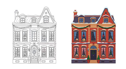 Charming Pixel Art Illustration of a Festive Holiday Decorated Townhouse With Snow Falling