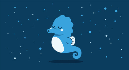 A Cute Blue Seahorse Swims Gracefully Through the Starry Deep Ocean Waters
