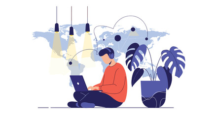 A person working on a laptop connected to a global network illustrating worldwide communication and collaboration