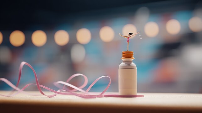 Miniature gymnast balancing on medicine bottle with ribbon, promoting health and flexibility