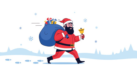 Merry Christmas Greeting Card Illustration with Santa Claus Delivering Presents