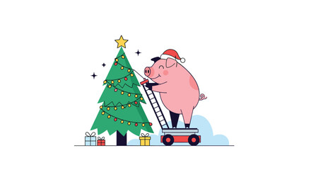 A Festive Pig Decorates a Christmas Tree on a Ladder with Presents Below