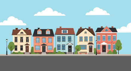 Charming Colorful Row Houses With Trees and Clouds on a Sunny Day
