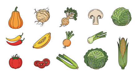 Collection of Fresh Organic Produce Vegetables Fruits and Edible Insects Illustrated