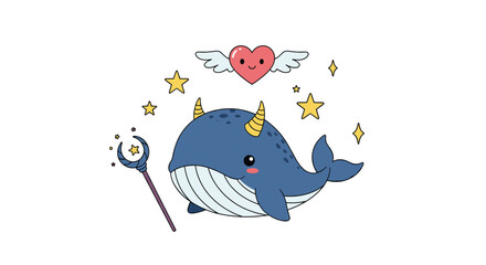 Magical Narwhal Unicorn Whale with Sparkling Stars and Heart Wings