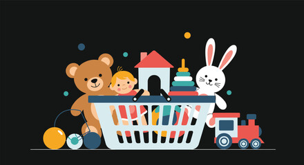 Collection of Childhood Toys Inside a Shopping Cart for Kids and Playtime