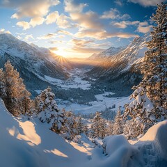 Serene winter landscape with snowy mountains and a vibrant sunset.