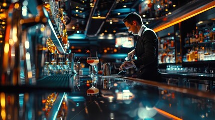 Bartender mixing cocktail bar counter night