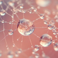Delicate droplets on a web-like structure with a soft background.