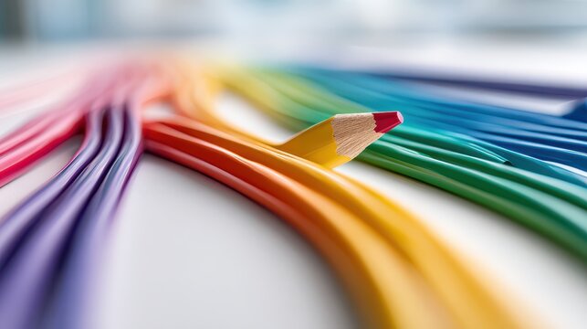 Colored pencil pointing to rainbow colored lines, creativity and art concept