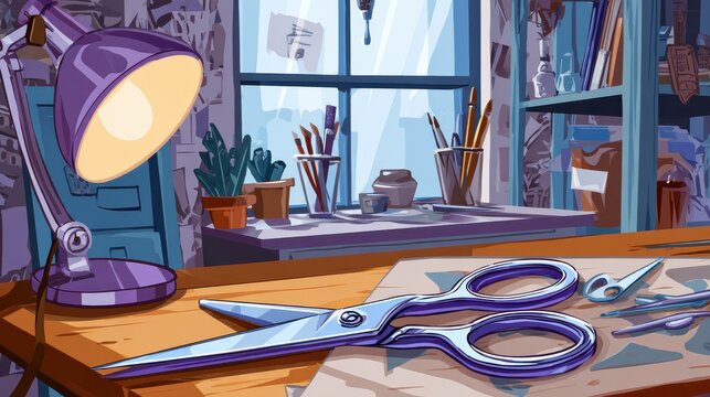 Scissors resting on desk in cozy art studio with window view