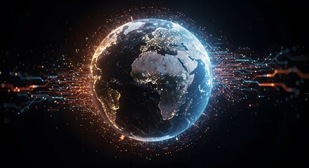 Global network connections illuminate a detailed Earth at night, showcasing city lights and digital pathways.
