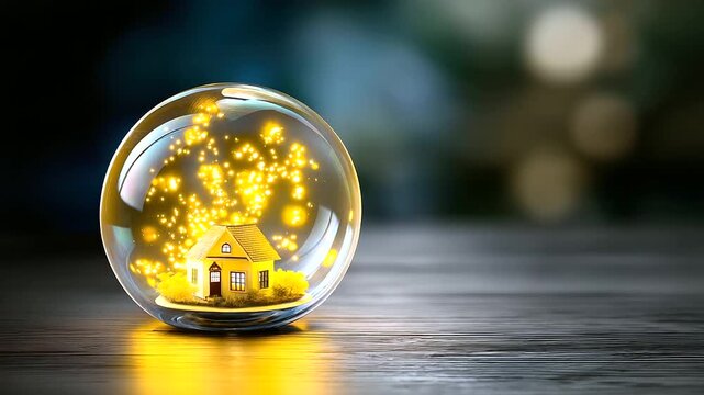 A magical bubble surrounding a lit suburban house at dusk
