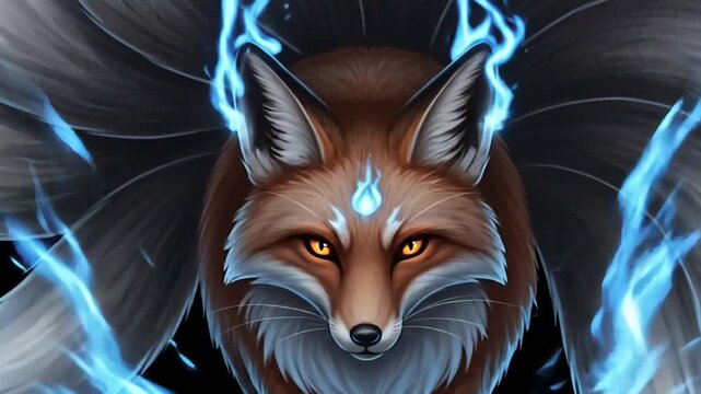 Nine Tailed Fox with Blue Flames Illustration