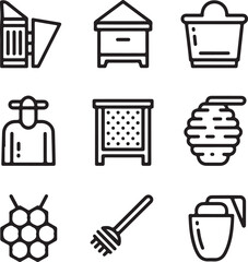 Beekeeping Equipment Outline Icon Set – Smoker, Hive Box, Bee Suit, Frame Tool, Honeycomb, and Bee Brush in Minimal Line Art