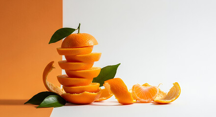 Minimalist Tangerine Stack with Leaves on Textured Orange-White Background