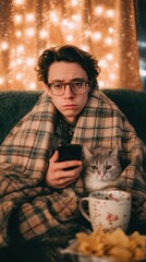 Thoughtful Person Wrapped in Plaid Blanket Holding Phone with Sleeping Cat on Lap, Glitter Mug and Snacks Nearby, Gentle Front View Lifestyle