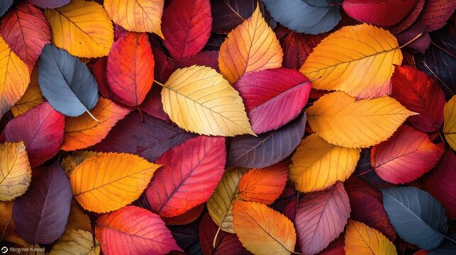 Autumn leaves in vibrant colors, natural texture, seasonal change visuals, scattered compositions, orange-red tones, and crisp organic details ideal for fall-themed photography.