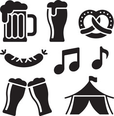 Beer Festival Solid Icon Set – Beer Mug, Pint Glass, Pretzel, Sausage, Music Notes, Cheers, and Festival Tent Silhouettes