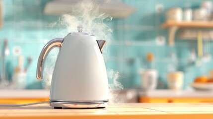 White electric kettle releasing steam in a modern kitchen