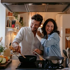 A couple cooks dinner together in a small apartment kitchen, laughing and bumping into each other. It’s tightly framed and naturally lit, full of warmth.