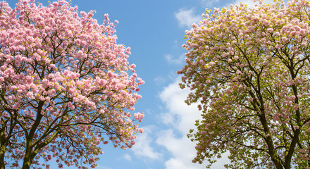 Two blossoming trees with vibrant pink flowers against a beautiful blue sky with clouds.