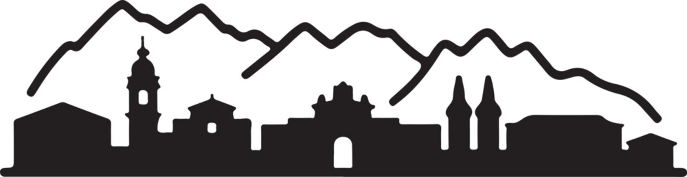 Black Silhouette of Andorra la Vella Skyline with Pyrenees Mountains