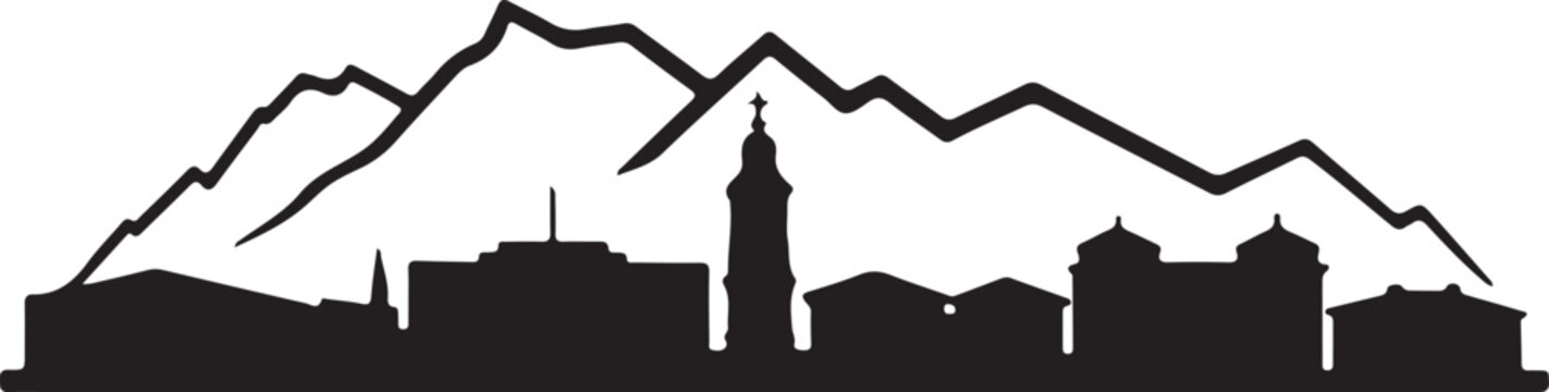 Black Silhouette of Andorra la Vella Skyline with Pyrenees Mountains