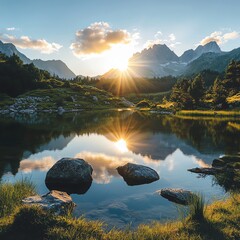 Sunrise over a serene mountain lake with clear reflections, surrounded by rocks, grass, and pine trees under a partly cloudy sky.