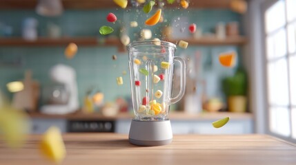 Making healthy smoothie, fruits flying into blender in kitchen