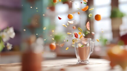 Sliced fruits falling into blender in kitchen