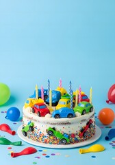 Fun birthday cake with toy cars, sprinkles, and candles.
