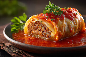 Stuffed cabbage roll served with rich tomato sauce and fresh parsley