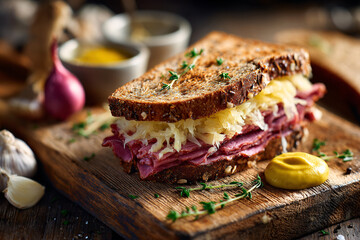 Reuben sandwich with sauerkraut and mustard on a wooden board.