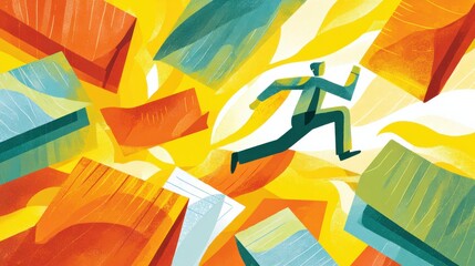 Fototapeta premium Businessman running away from burning documents representing stress and workload