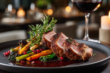 Gourmet duck breast dish with roasted vegetables and a glass of red wine.